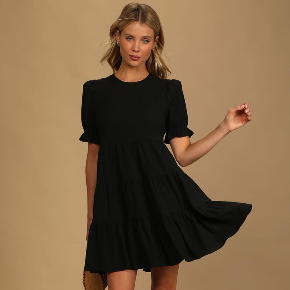 NWT Small Lulus Favorite Day Black Puff Sleeve Tiered Mini Dress